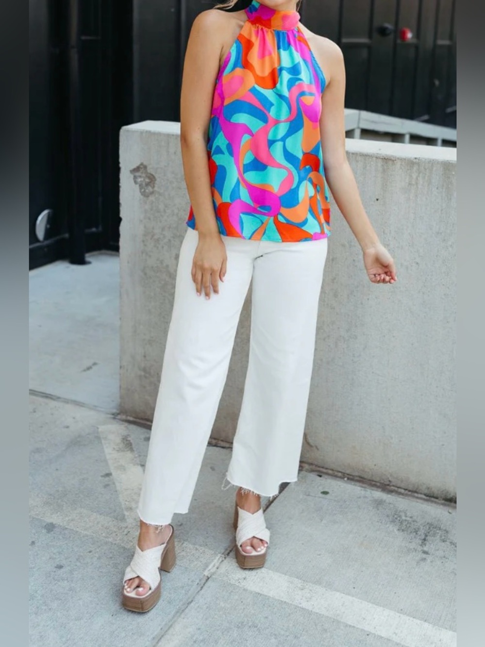 NEW Abstract Wave Halter Tank Top in Blue, Pink & Orange - Picture 4 of 13